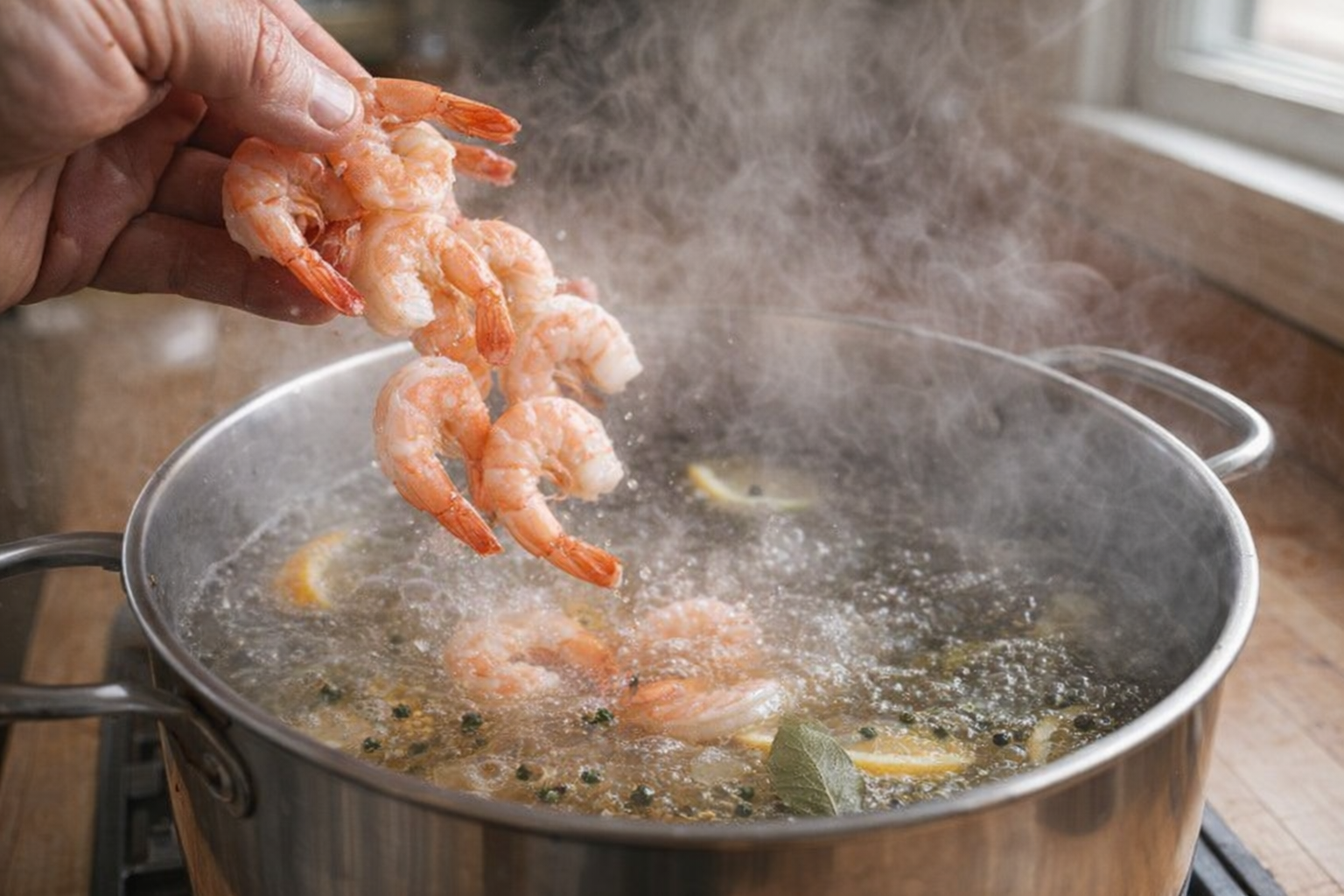 An action shot of shrimp being added to a large pot of boiling water with visible steam and aromatics swirling.